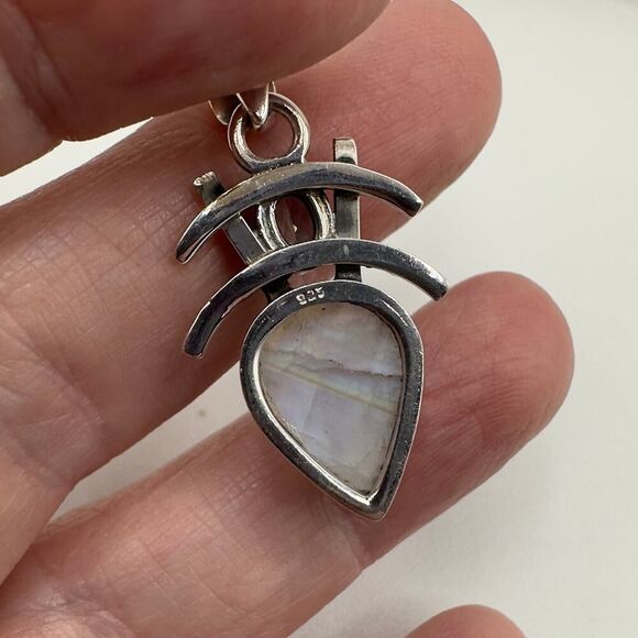 Sterling Silver Natural Rainbow Moonstone Rough & Blue Topaz Pendant - Picture 12 of 16